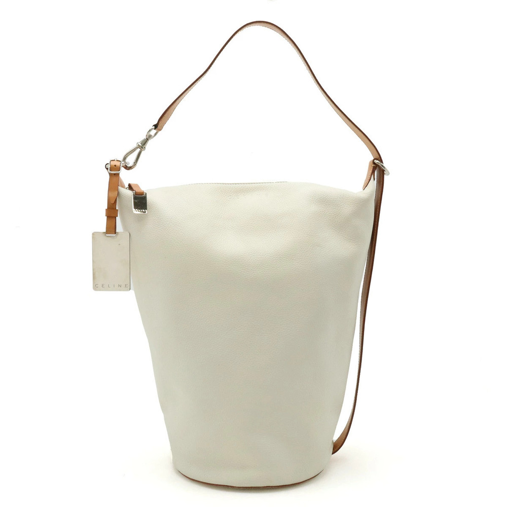 Celine Shoulder Bag Hobo Bucket Leather Ivory White